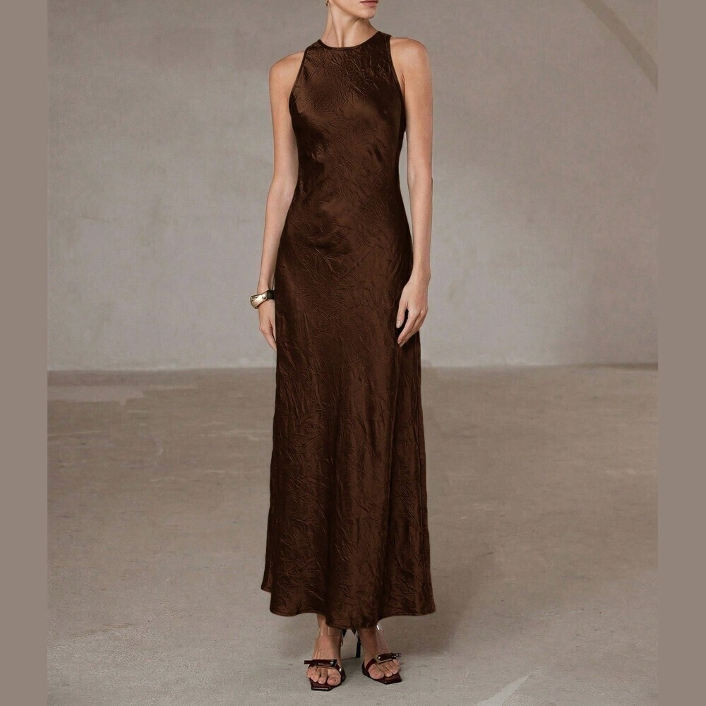 Chocolate Brown Satin Racerback Maxi Dress - Picture 4 of 7
